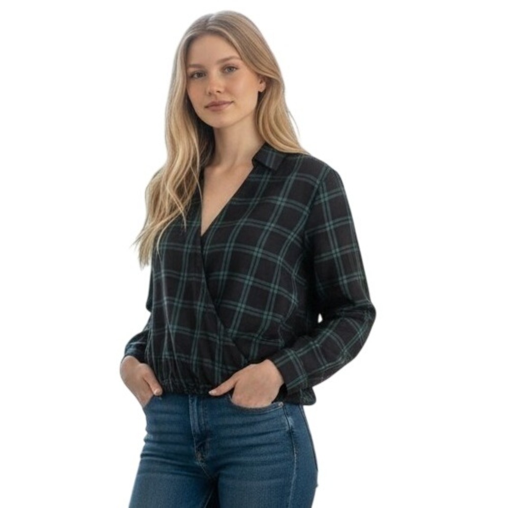 Madewell Plaid Wrap Blouse Womens M Green Black Surplice Long Sleeve Office wear